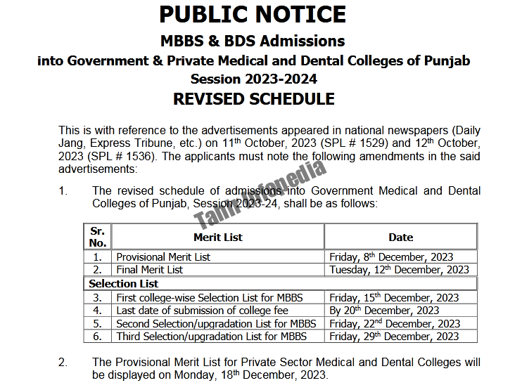 UHS Private College Wise Merit List 20232024 for MBBS/BDS TahirInfopedia